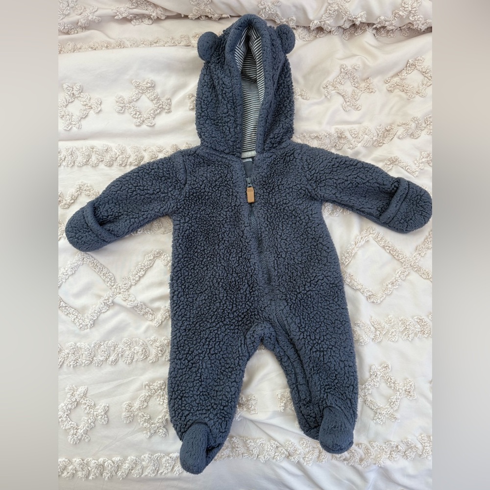 Blue Fleece Footie One Piece with Hood